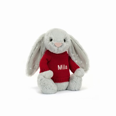 Jellycat Bashful Shimmer Bunny with Red Jumper USA | 43207TPEM